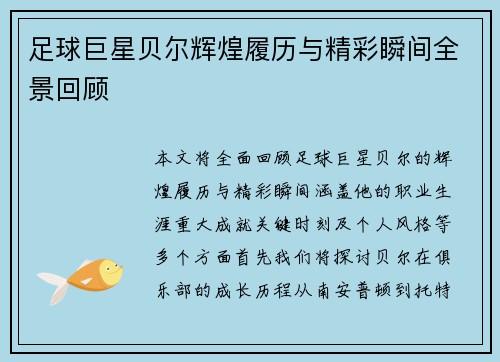 足球巨星贝尔辉煌履历与精彩瞬间全景回顾